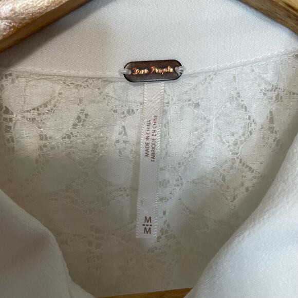 Free People White Tunic Top M Womens Button Front Collared Long Sleeve Lace Tie - Picture 8 of 10